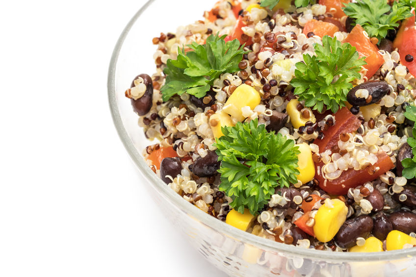 quinoa and black bean salad in clear bowl