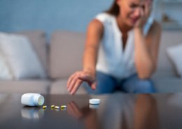 Mujer en el sofá llorando con pastillas sobre la mesa