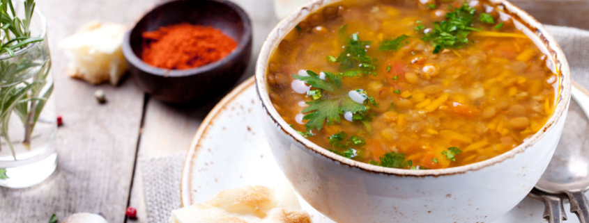 lentil soup with crusty bread on the side